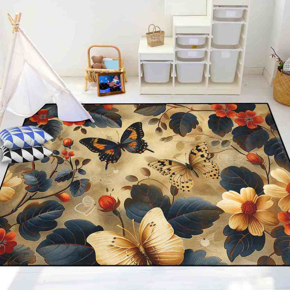 Yellow Daisy & Butterfly Toddler Playroom Rug Nature Decor | CozyLil