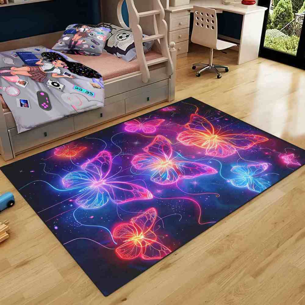 Vibrant Trio Butterflies Kids Playroom Area Rug Cosmic Blue Mat | CozyLil