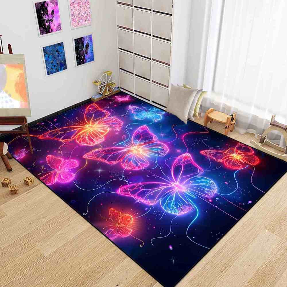 Vibrant Trio Butterflies Kids Playroom Area Rug Cosmic Blue Mat | CozyLil