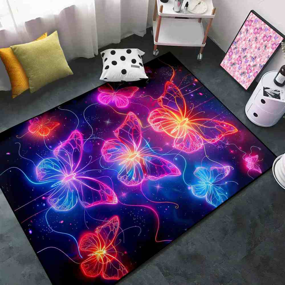 Vibrant Trio Butterflies Kids Playroom Area Rug Cosmic Blue Mat | CozyLil