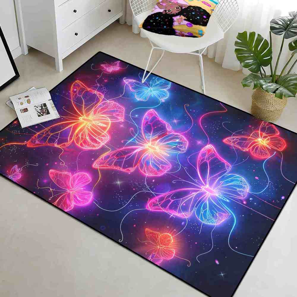Vibrant Trio Butterflies Kids Playroom Area Rug Cosmic Blue Mat | CozyLil