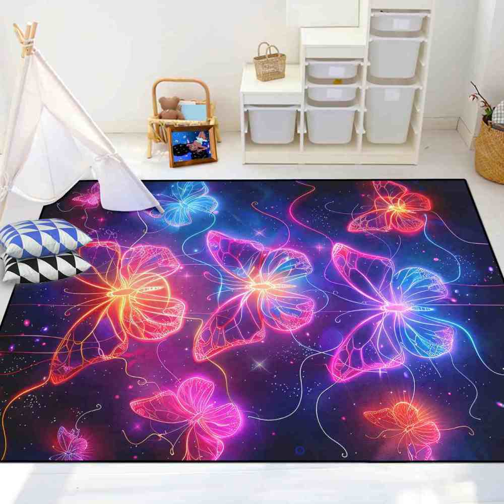 Vibrant Trio Butterflies Kids Playroom Area Rug Cosmic Blue Mat | CozyLil
