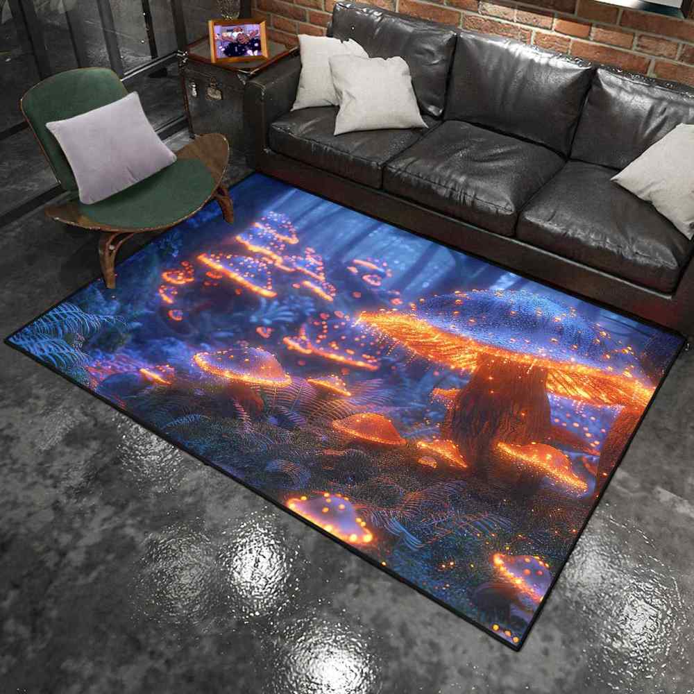 Mystical Blue and Orange Mushroom Area Rug Gamer Room Carpet | CozyLil