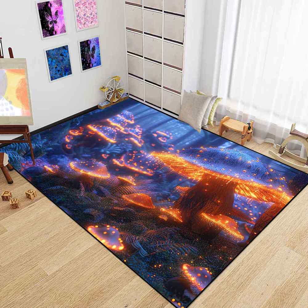 Mystical Blue and Orange Mushroom Area Rug Gamer Room Carpet | CozyLil