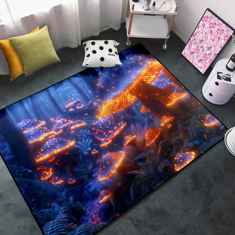 Mystical Blue and Orange Mushroom Area Rug Gamer Room Carpet | CozyLil
