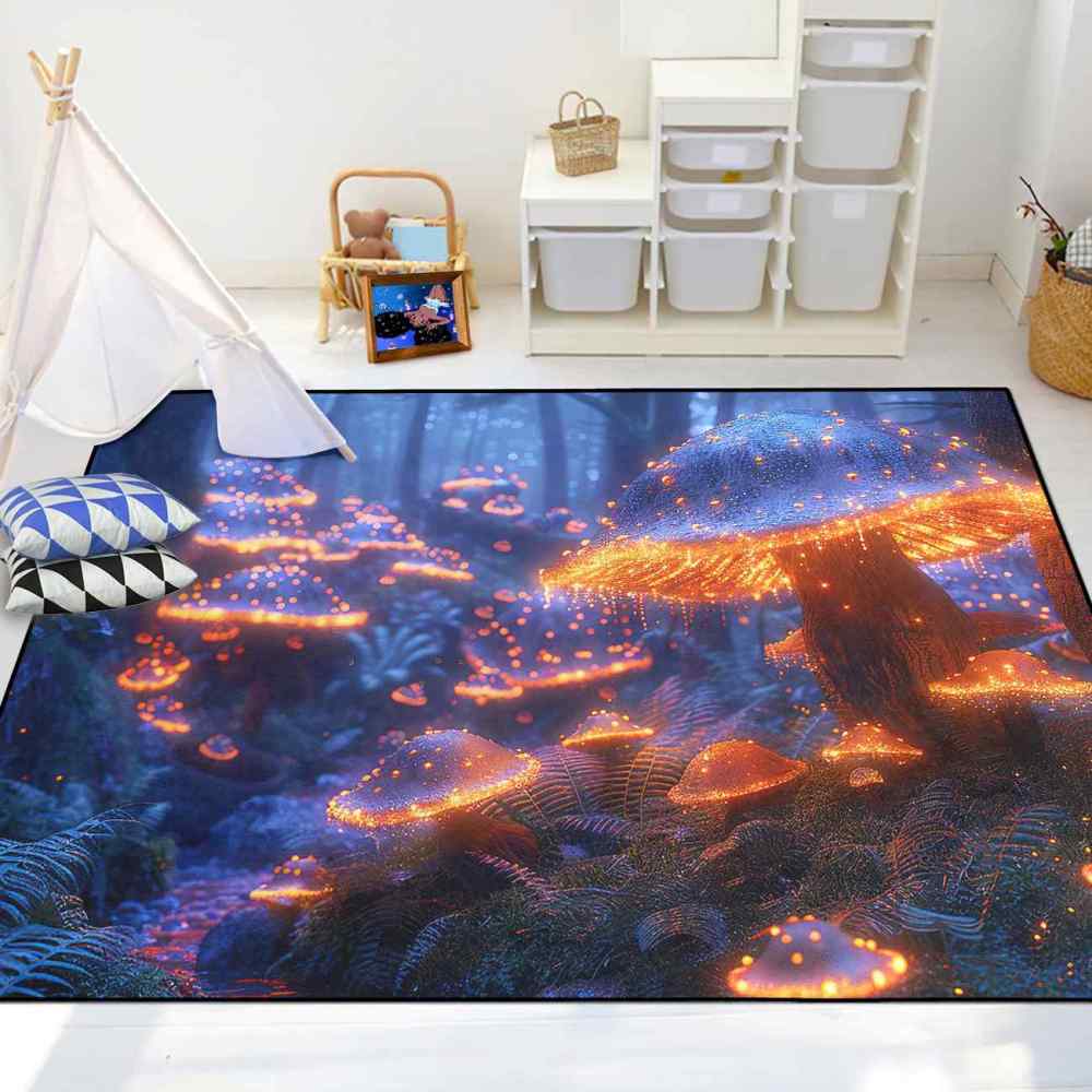 Mystical Blue and Orange Mushroom Area Rug Gamer Room Carpet | CozyLil