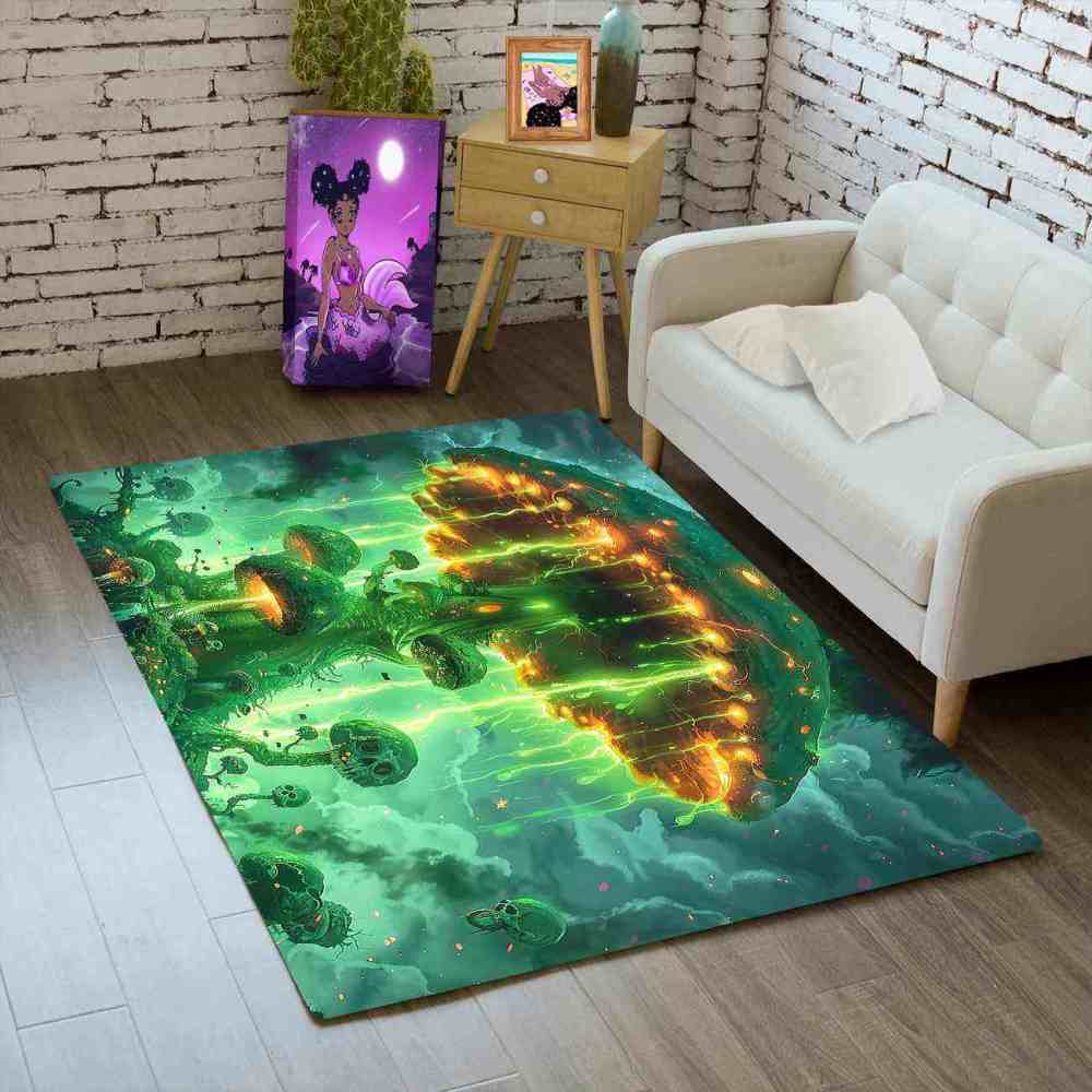 Electric Green Spooky Mushroom Area Rug Edgy Teen Decor | CozyLil