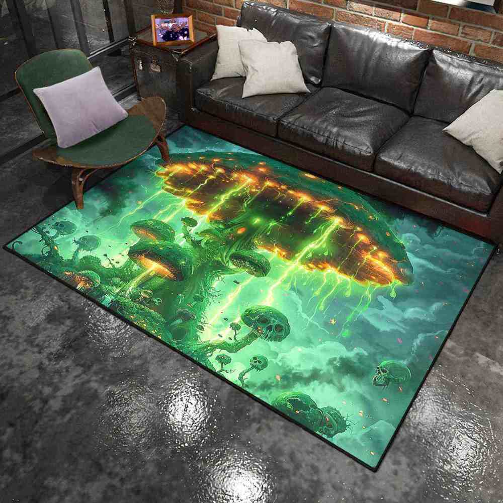 Electric Green Spooky Mushroom Area Rug Edgy Teen Decor | CozyLil