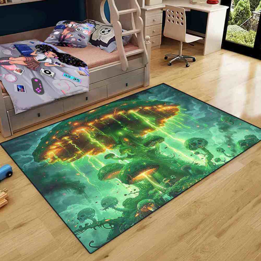 Electric Green Spooky Mushroom Area Rug Edgy Teen Decor | CozyLil