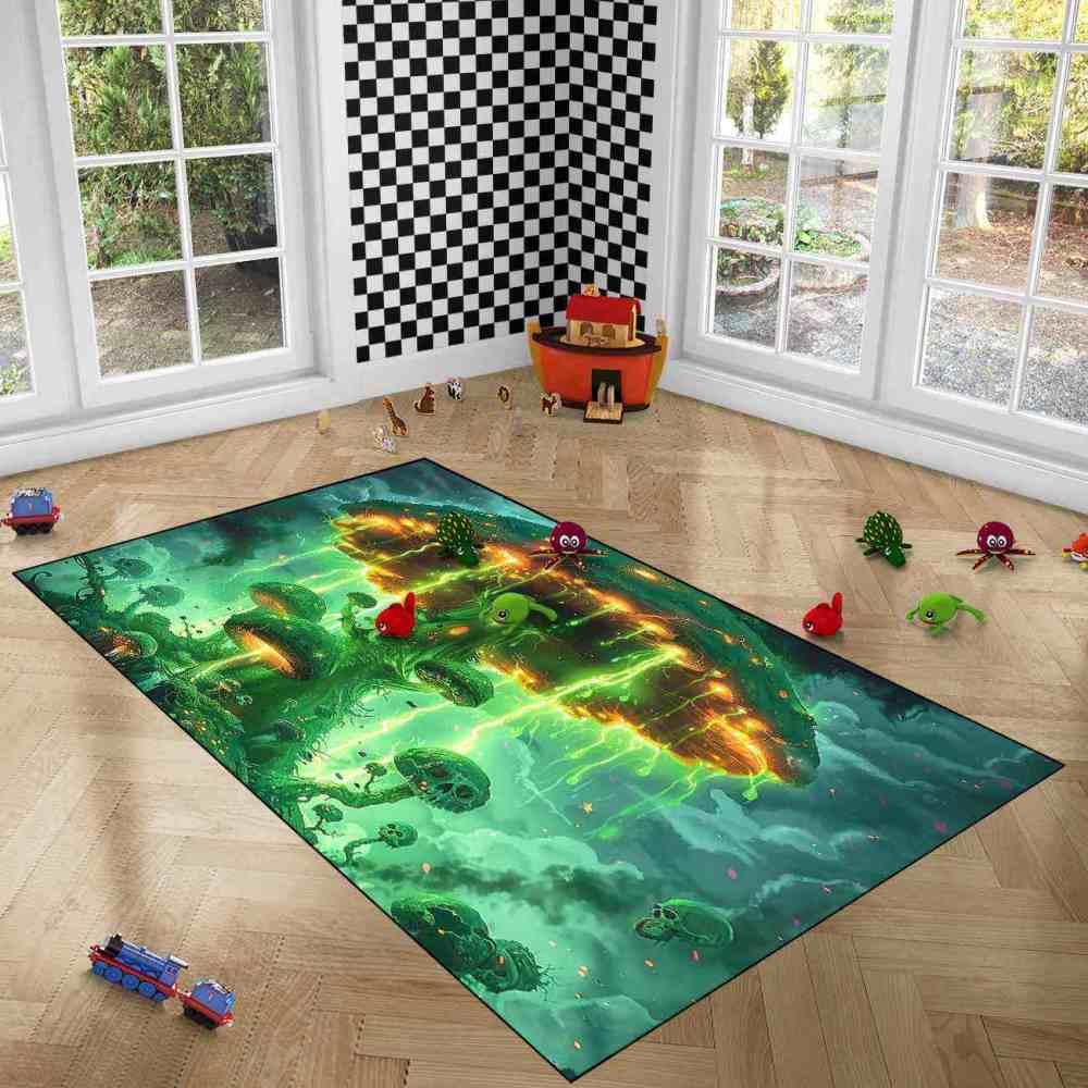 Electric Green Spooky Mushroom Area Rug Edgy Teen Decor | CozyLil