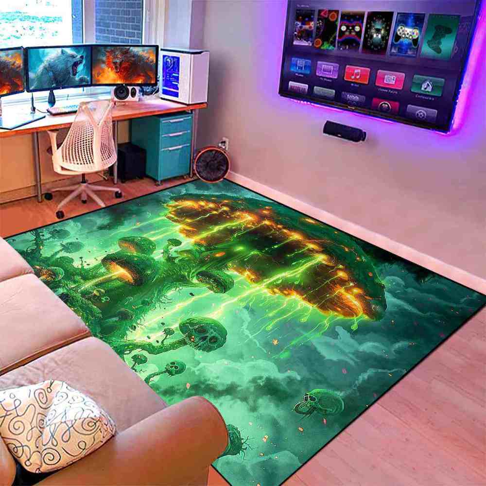 Electric Green Spooky Mushroom Area Rug Edgy Teen Decor | CozyLil