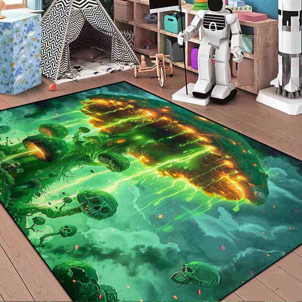 Electric Green Spooky Mushroom Area Rug Edgy Teen Decor | CozyLil