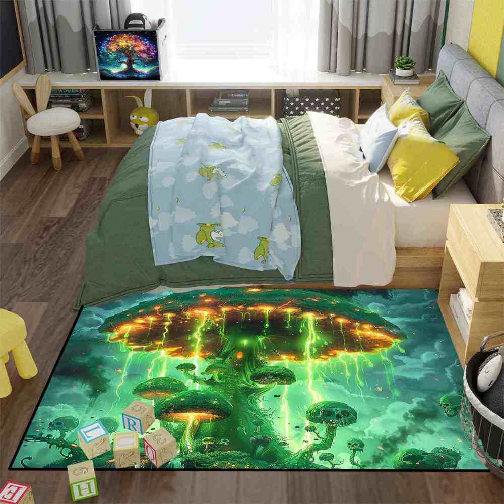 Electric Green Spooky Mushroom Area Rug Edgy Teen Decor | CozyLil