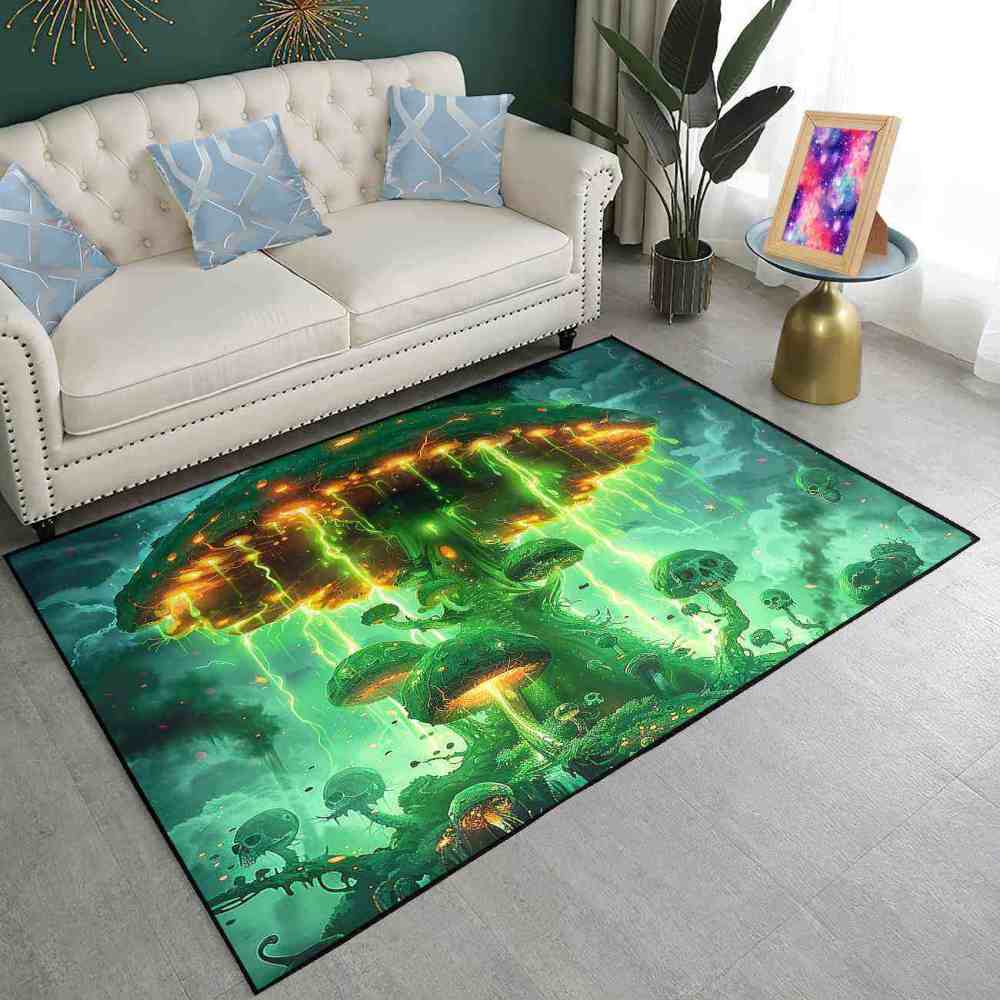 Electric Green Spooky Mushroom Area Rug Edgy Teen Decor | CozyLil