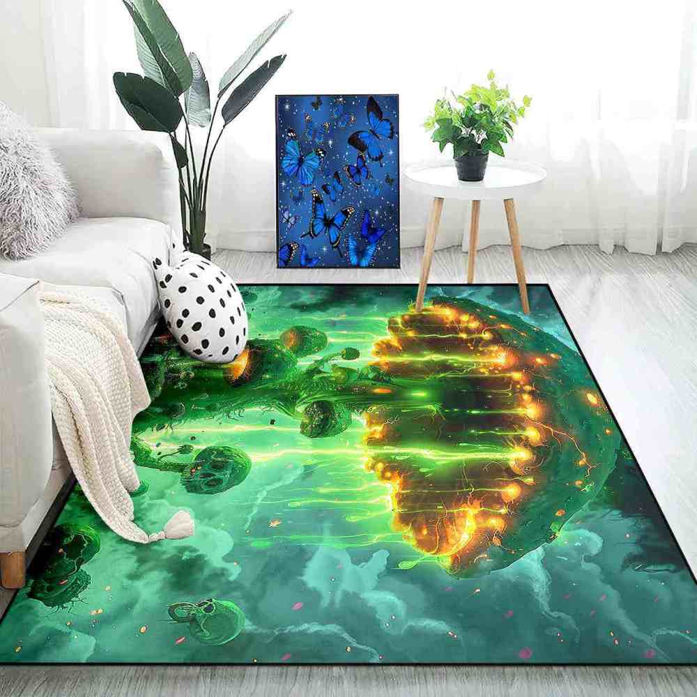 Electric Green Spooky Mushroom Area Rug Edgy Teen Decor | CozyLil