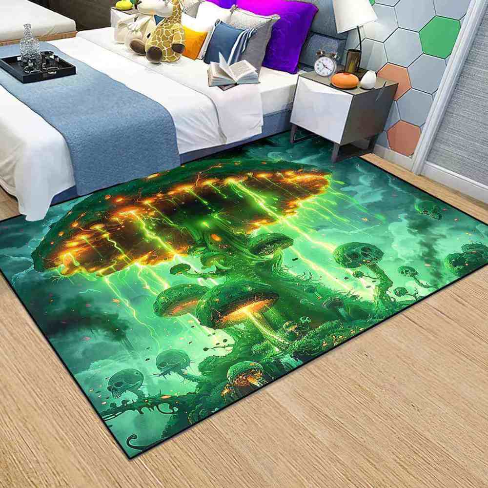 Electric Green Spooky Mushroom Area Rug Edgy Teen Decor | CozyLil