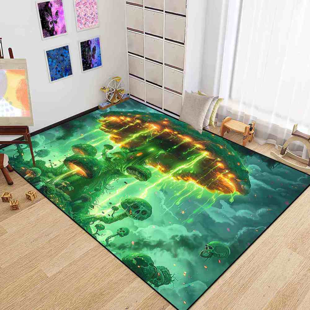 Electric Green Spooky Mushroom Area Rug Edgy Teen Decor | CozyLil