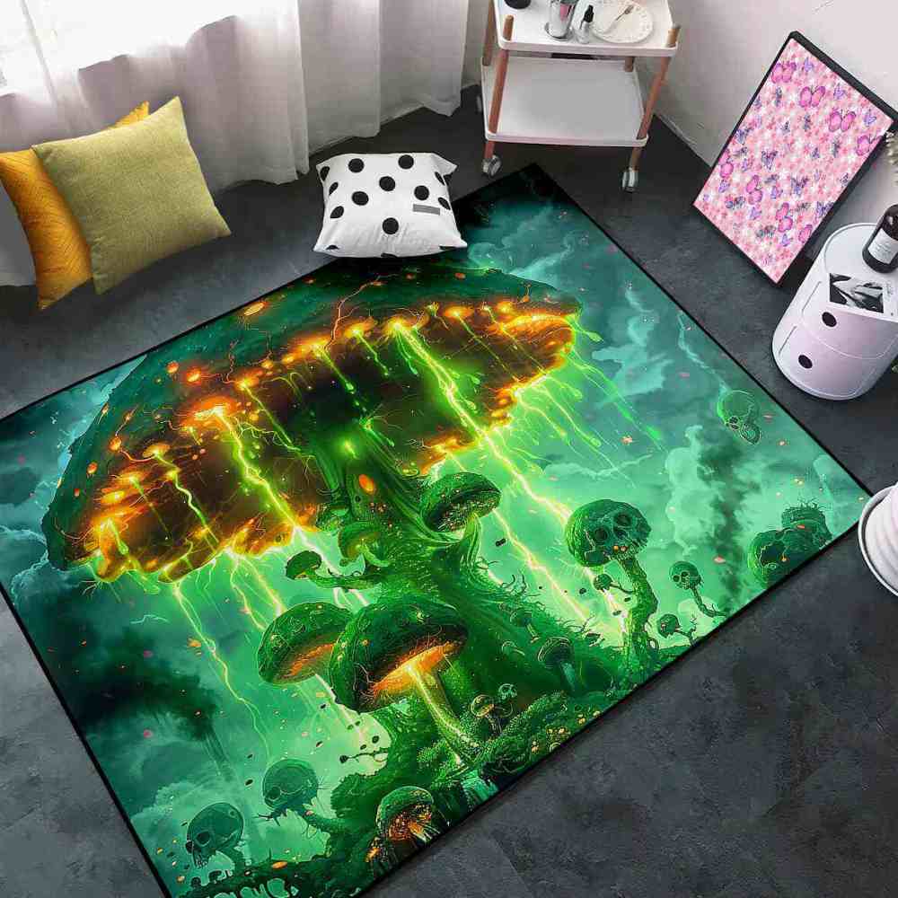 Electric Green Spooky Mushroom Area Rug Edgy Teen Decor | CozyLil