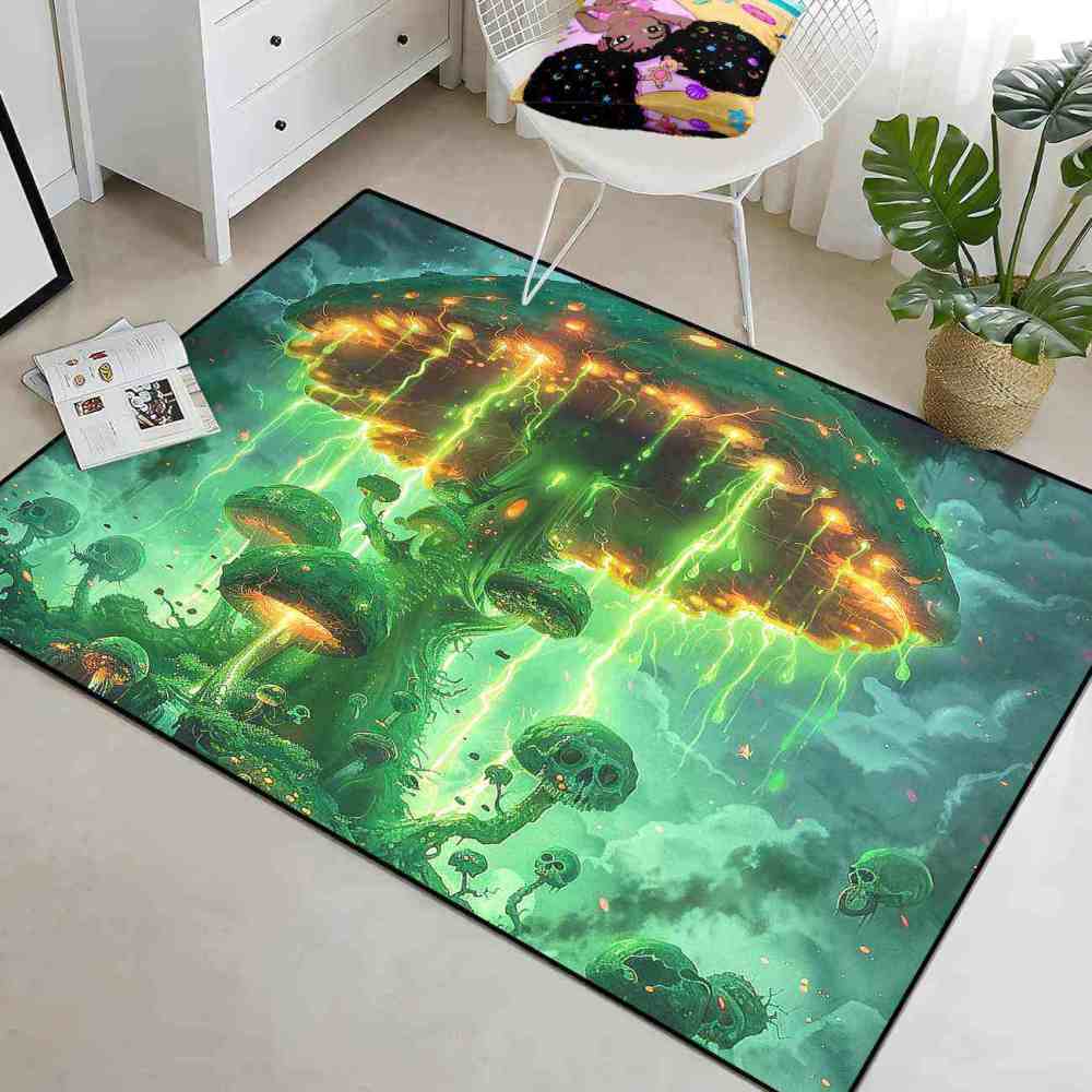 Electric Green Spooky Mushroom Area Rug Edgy Teen Decor | CozyLil