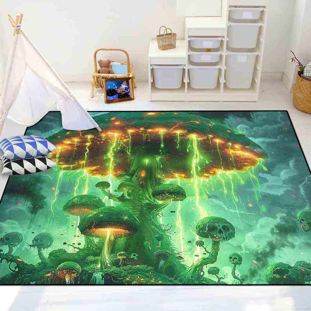 Electric Green Spooky Mushroom Area Rug Edgy Teen Decor | CozyLil