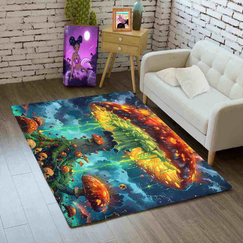 Electric Storm Skull Mushroom Area Rug Alternative Bedroom Carpet | CozyLil