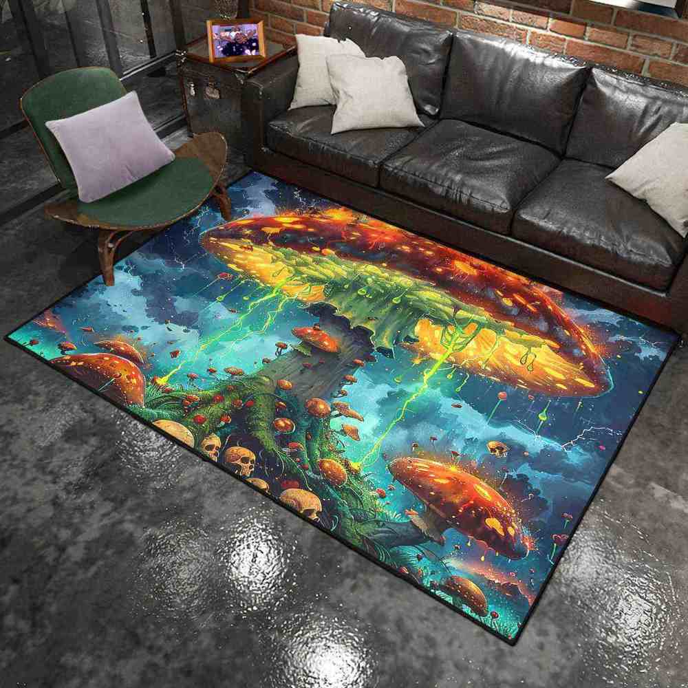 Electric Storm Skull Mushroom Area Rug Alternative Bedroom Carpet | CozyLil