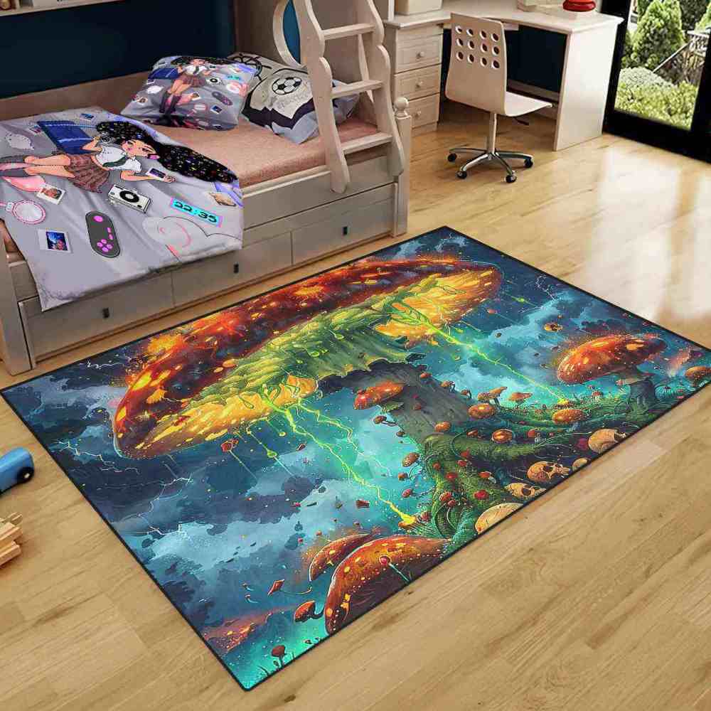 Electric Storm Skull Mushroom Area Rug Alternative Bedroom Carpet | CozyLil