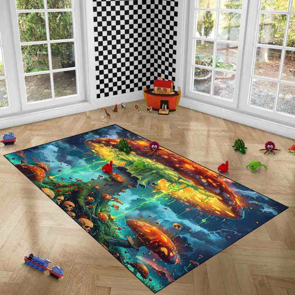 Electric Storm Skull Mushroom Area Rug Alternative Bedroom Carpet | CozyLil