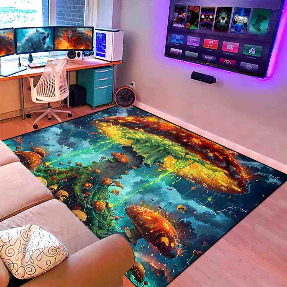 Electric Storm Skull Mushroom Area Rug Alternative Bedroom Carpet | CozyLil