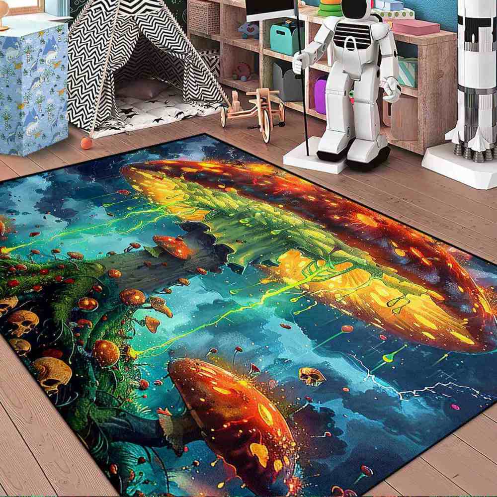 Electric Storm Skull Mushroom Area Rug Alternative Bedroom Carpet | CozyLil