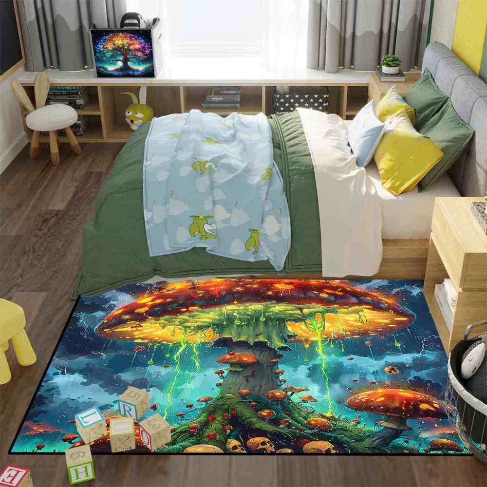 Electric Storm Skull Mushroom Area Rug Alternative Bedroom Carpet | CozyLil