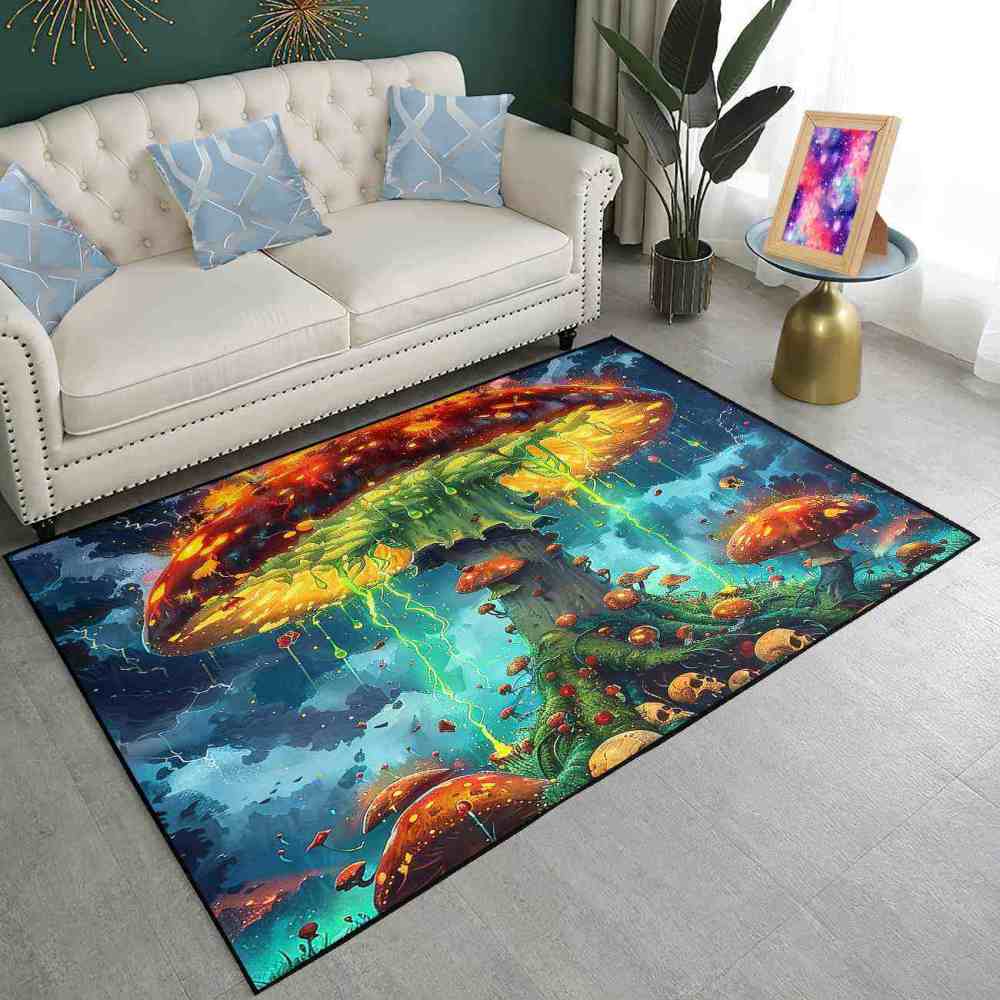 Electric Storm Skull Mushroom Area Rug Alternative Bedroom Carpet | CozyLil