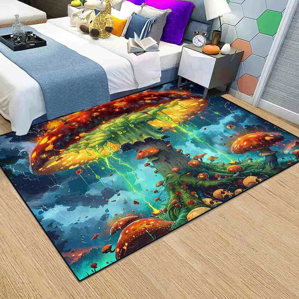 Electric Storm Skull Mushroom Area Rug Alternative Bedroom Carpet | CozyLil
