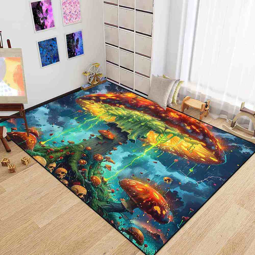 Electric Storm Skull Mushroom Area Rug Alternative Bedroom Carpet | CozyLil