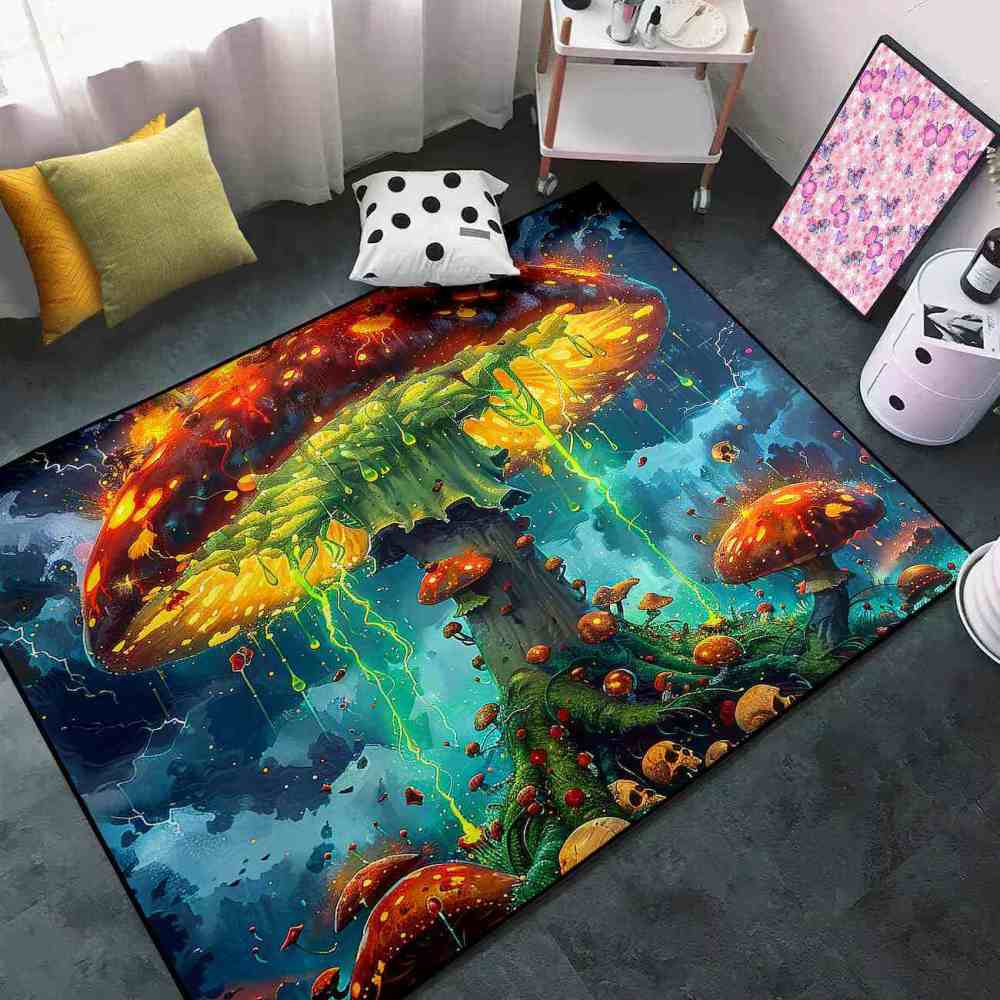 Electric Storm Skull Mushroom Area Rug Alternative Bedroom Carpet | CozyLil
