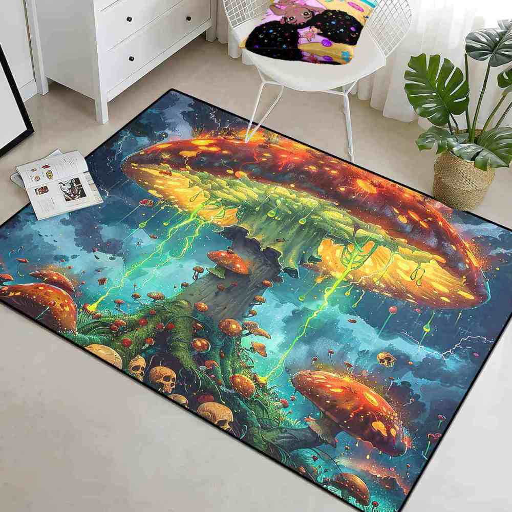 Electric Storm Skull Mushroom Area Rug Alternative Bedroom Carpet | CozyLil