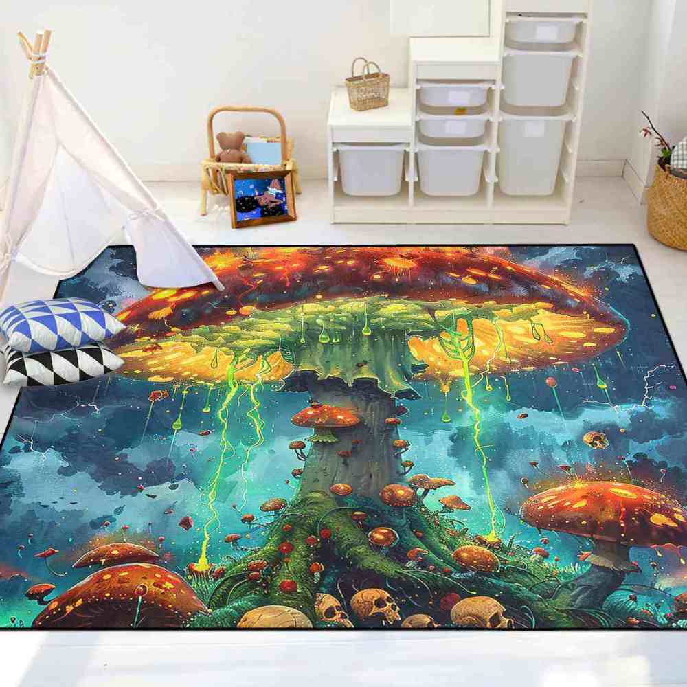 Electric Storm Skull Mushroom Area Rug Alternative Bedroom Carpet | CozyLil