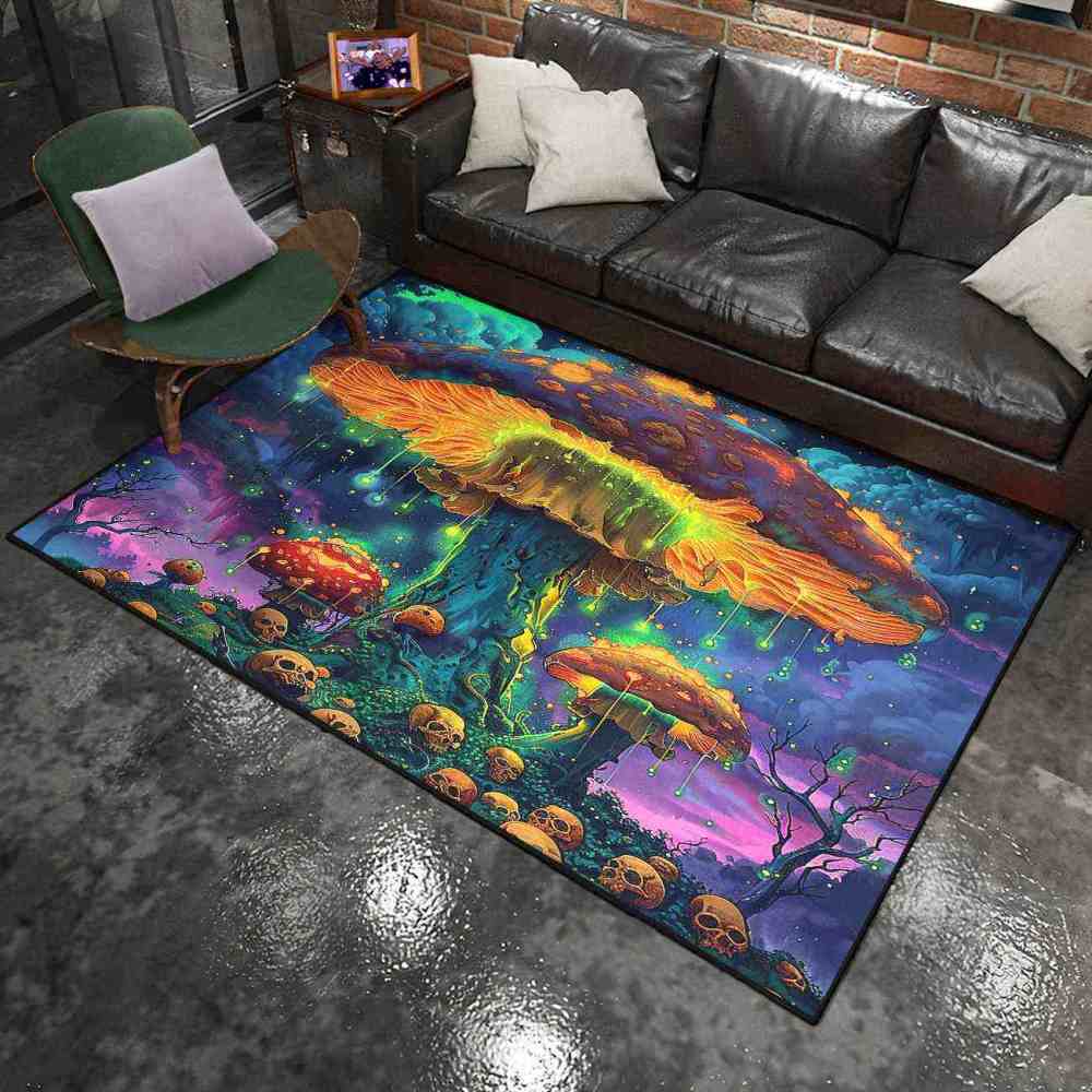 Psychedelic Rainbow Skull Mushroom Area Rug Cool Gamer Mat | CozyLil