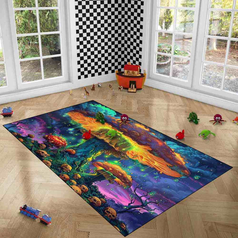 Psychedelic Rainbow Skull Mushroom Area Rug Cool Gamer Mat | CozyLil