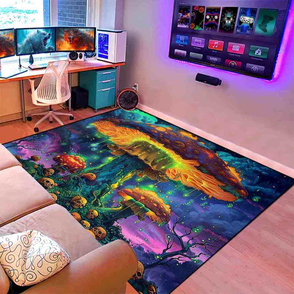 Psychedelic Rainbow Skull Mushroom Area Rug Cool Gamer Mat | CozyLil