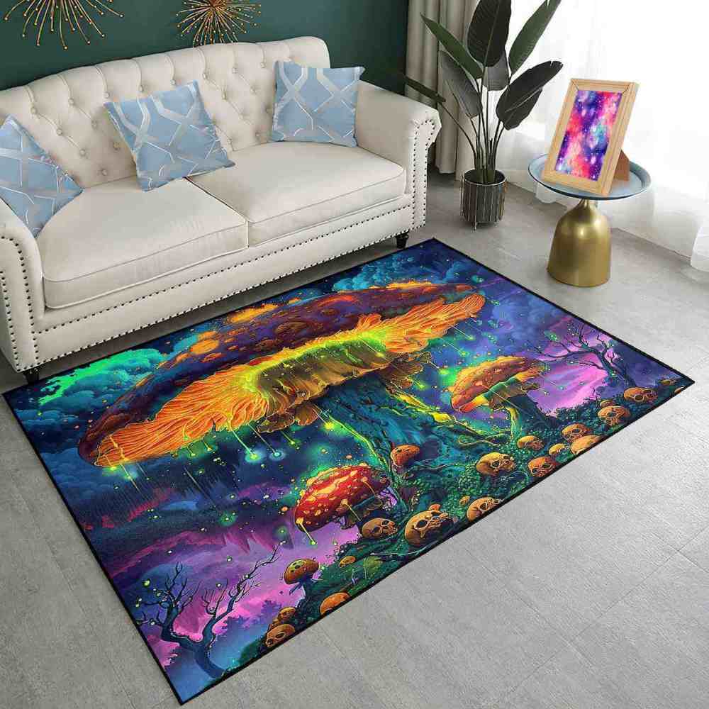 Psychedelic Rainbow Skull Mushroom Area Rug Cool Gamer Mat | CozyLil