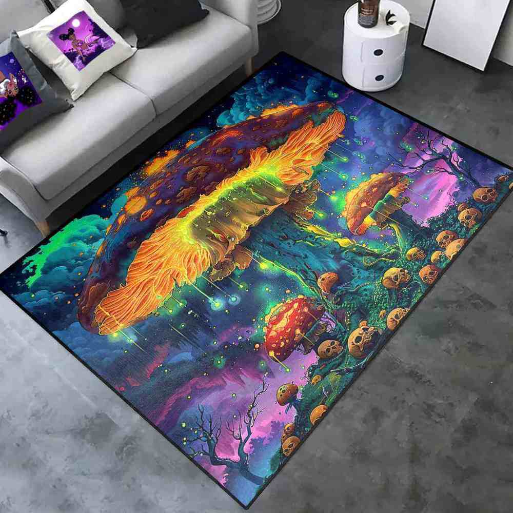 Psychedelic Rainbow Skull Mushroom Area Rug Cool Gamer Mat | CozyLil
