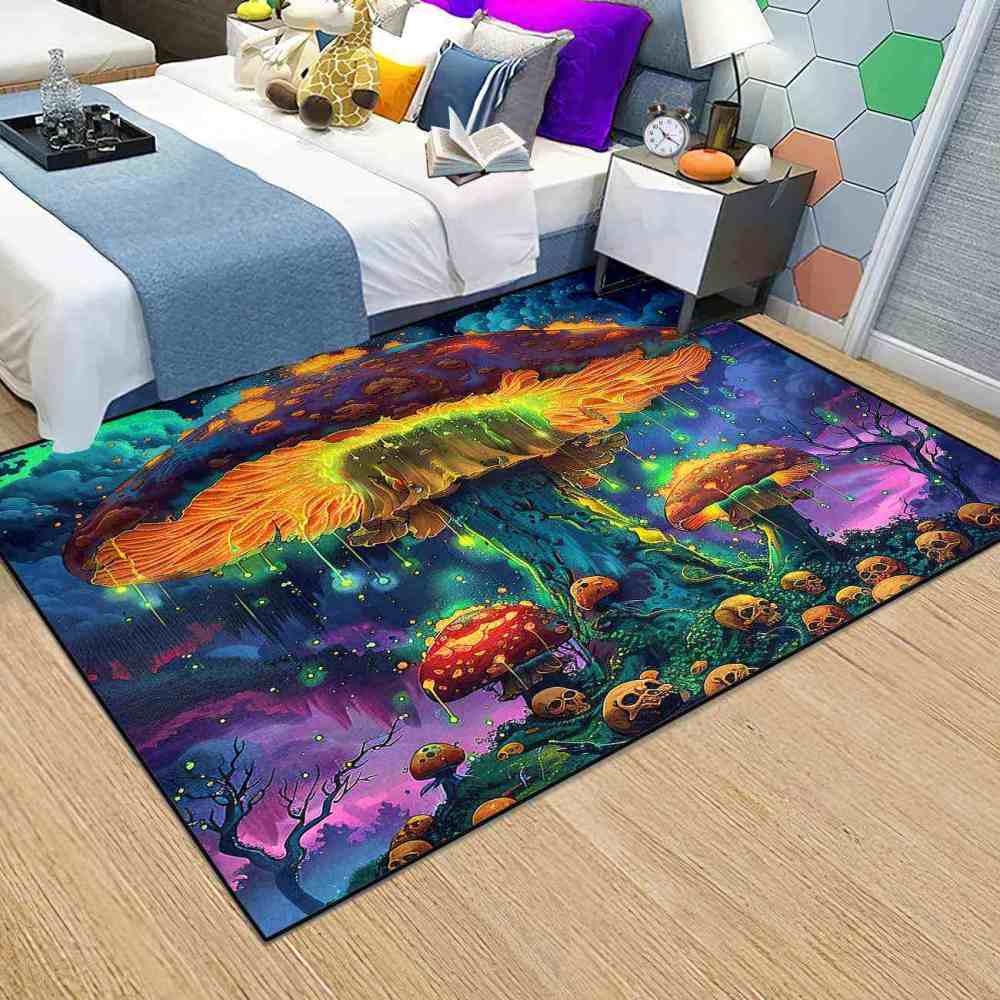 Psychedelic Rainbow Skull Mushroom Area Rug Cool Gamer Mat | CozyLil