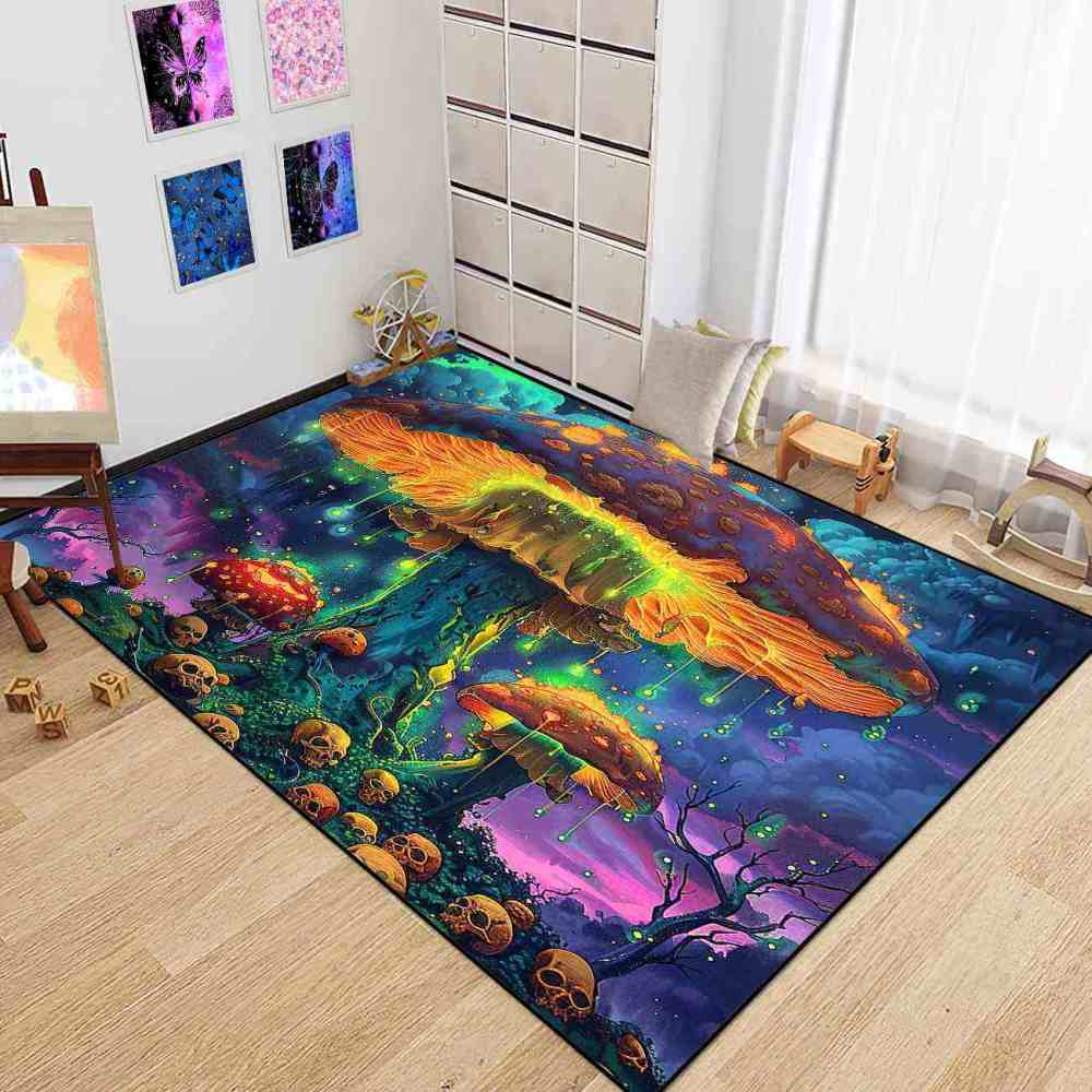 Psychedelic Rainbow Skull Mushroom Area Rug Cool Gamer Mat | CozyLil