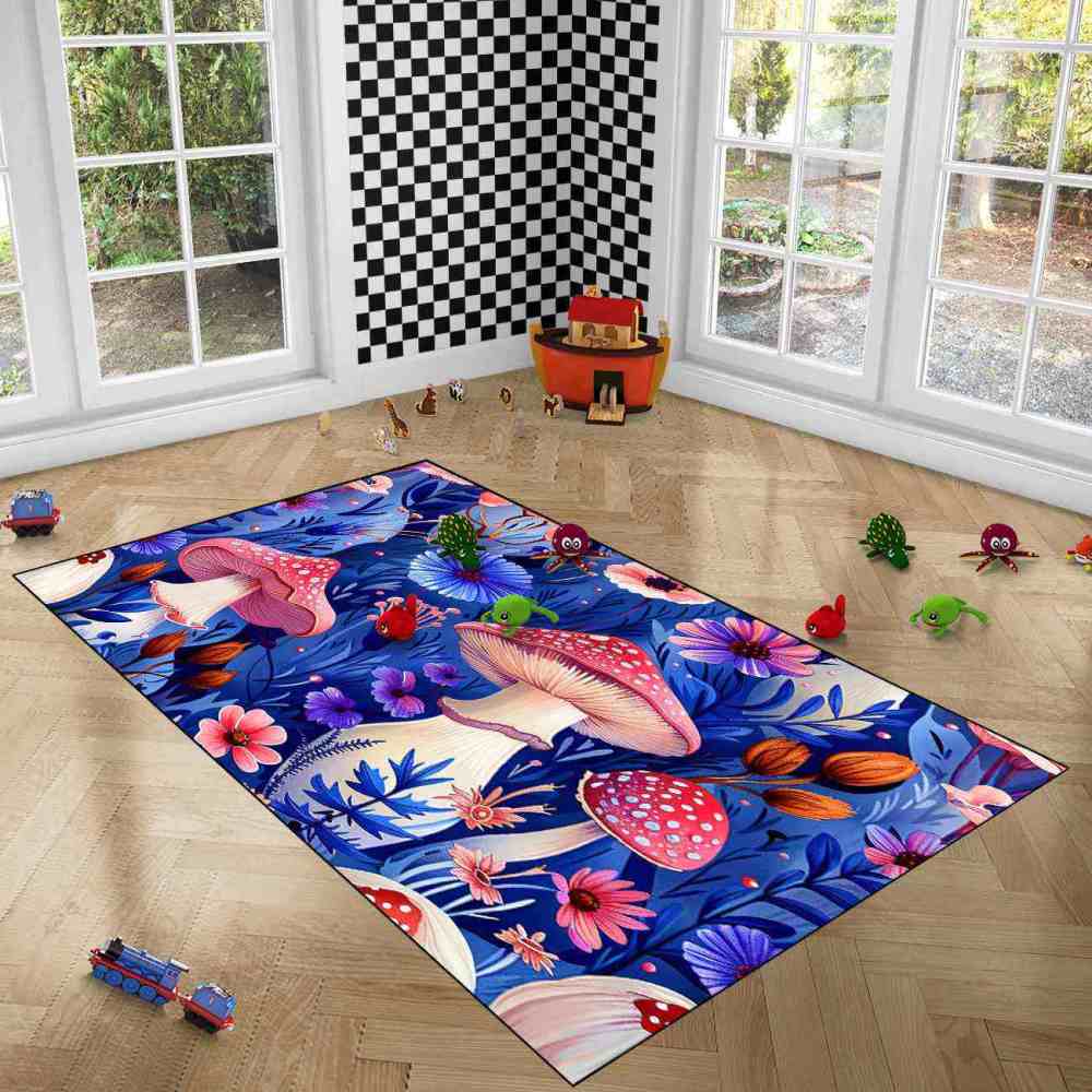 Cute Botanical Pink Mushroom Kids Playroom Rug Nursery Mat | CozyLil