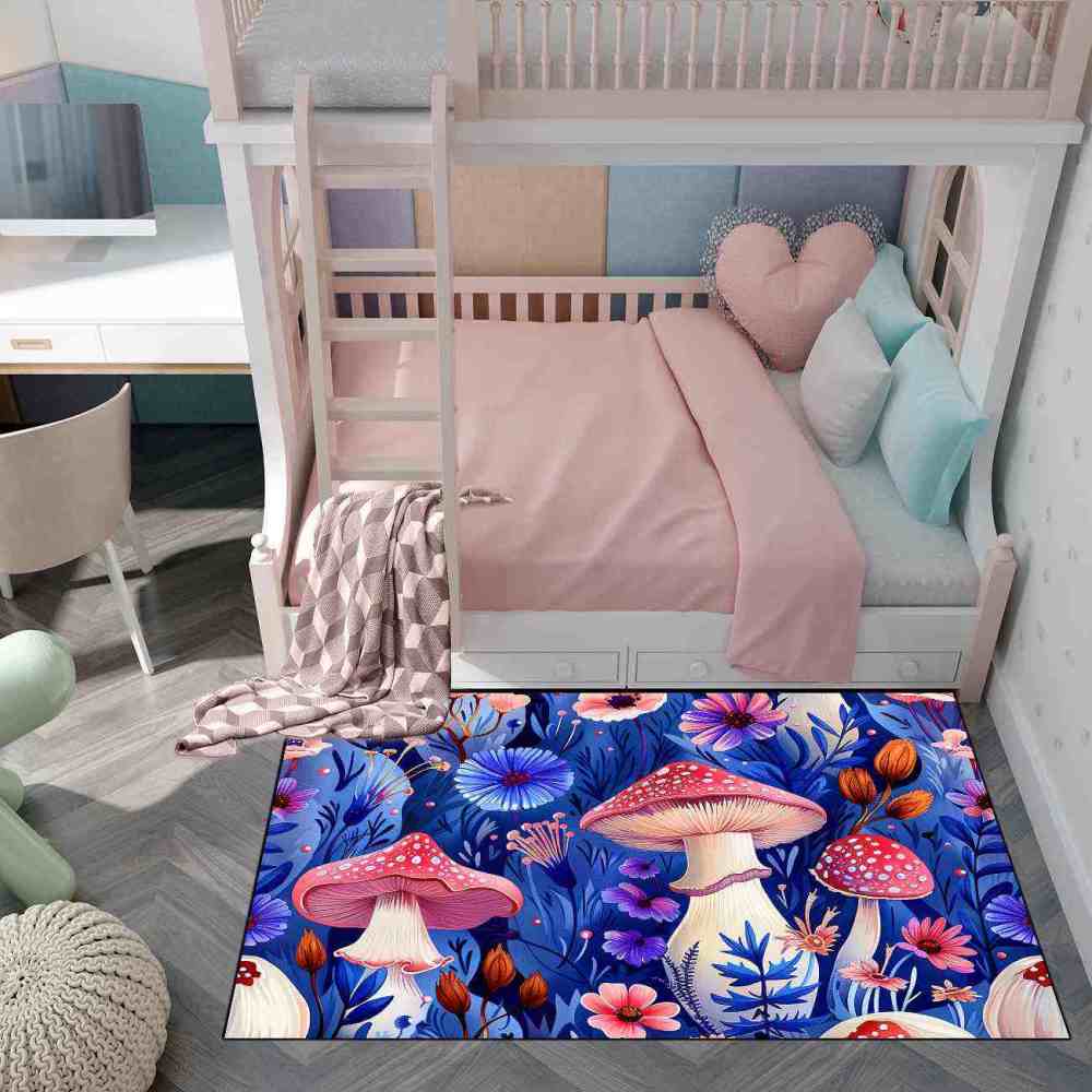 Cute Botanical Pink Mushroom Kids Playroom Rug Nursery Mat | CozyLil