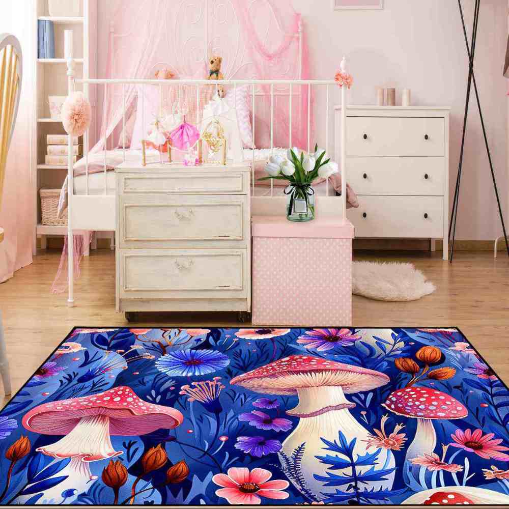 Cute Botanical Pink Mushroom Kids Playroom Rug Nursery Mat | CozyLil