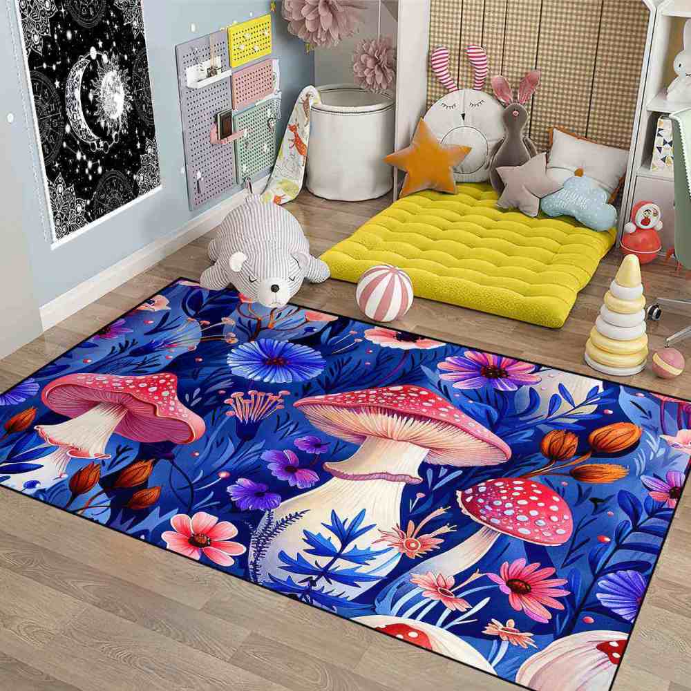 Cute Botanical Pink Mushroom Kids Playroom Rug Nursery Mat | CozyLil
