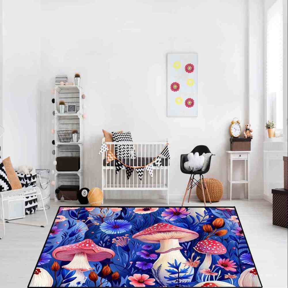 Cute Botanical Pink Mushroom Kids Playroom Rug Nursery Mat | CozyLil