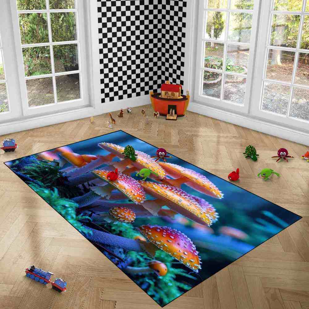 Realistic Orange Mushroom Area Rug Dark Botanical Living Room | CozyLil
